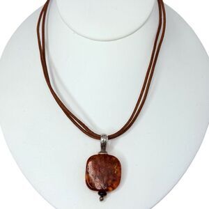 VTG Baltic Amber Pendant Necklace 16" 925 Sterling Silver Leather Thailand